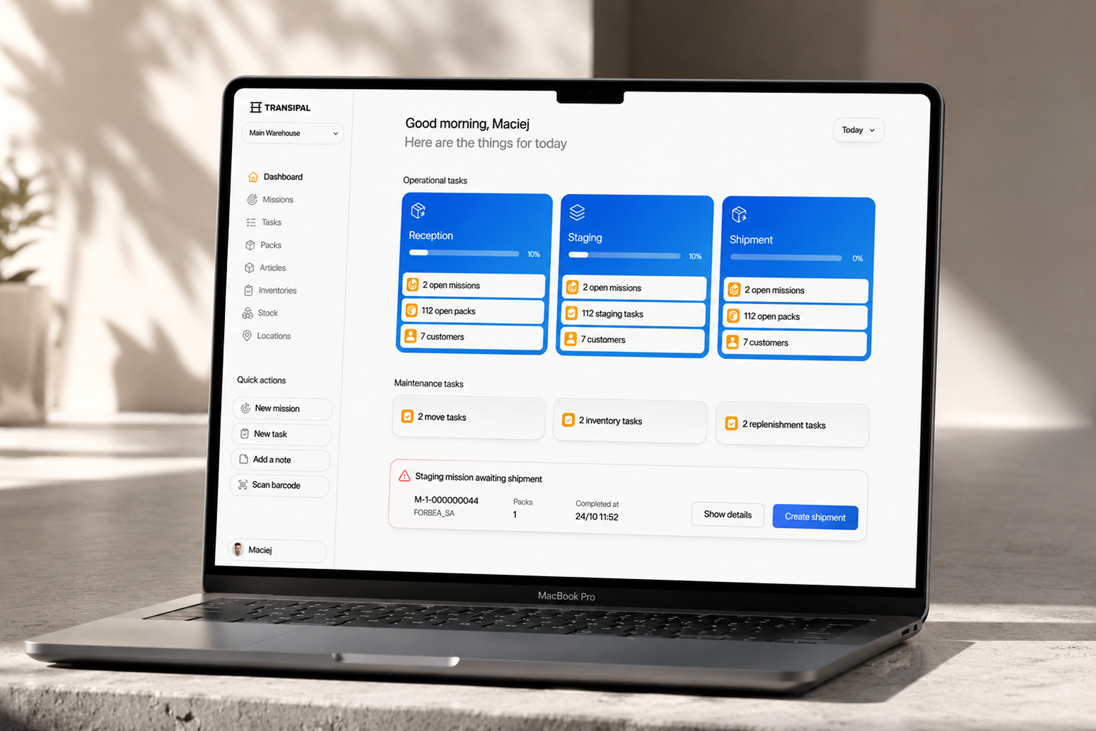 Transipal warehouse dashboard